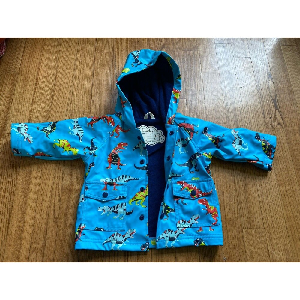 Hatley Toddler Baby Boys Kids Size 9-12 Months Dinosaur Raincoat Blue Snap Lined